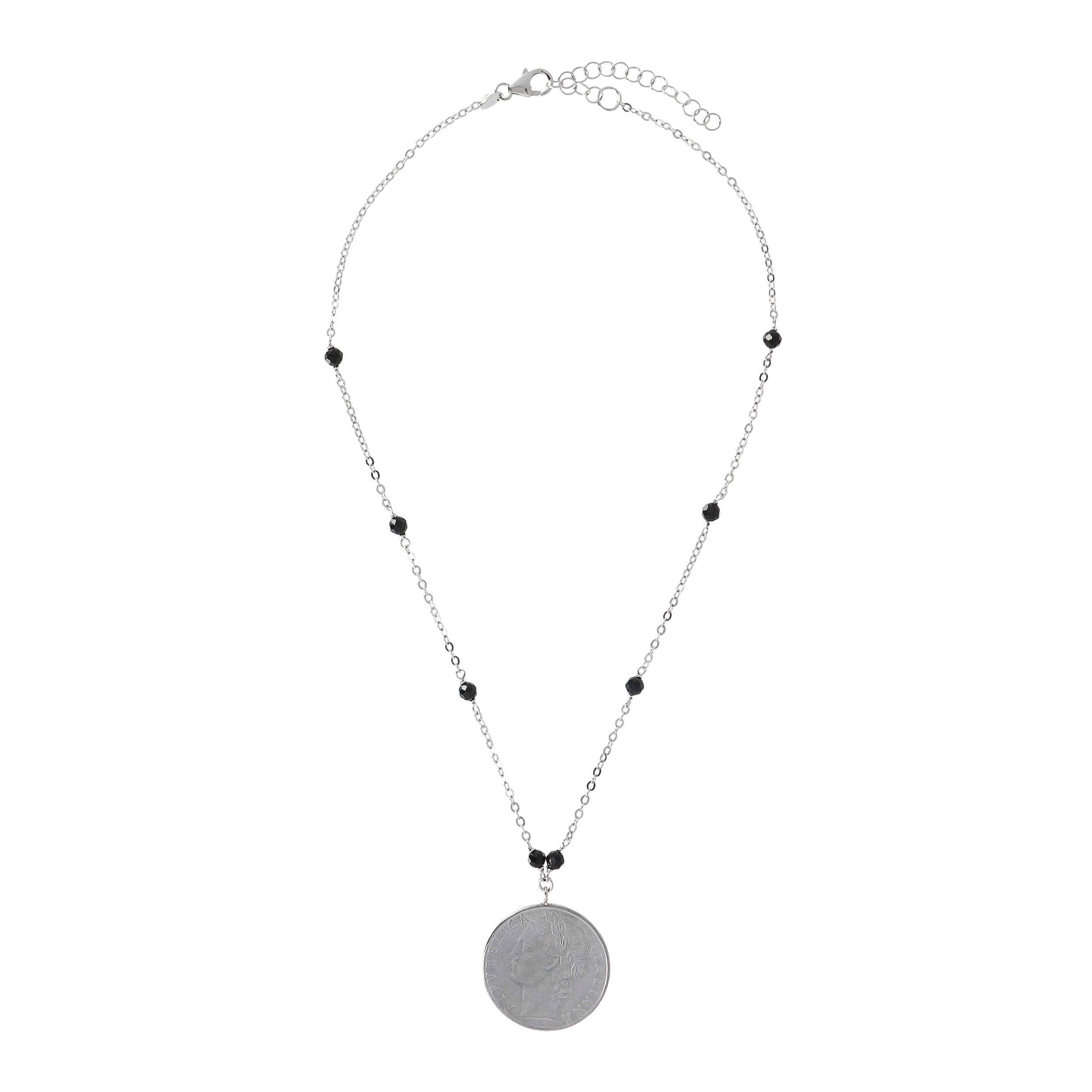 Collana Catena Rolo con Spinello Nero e Pendente Moneta 100Lire