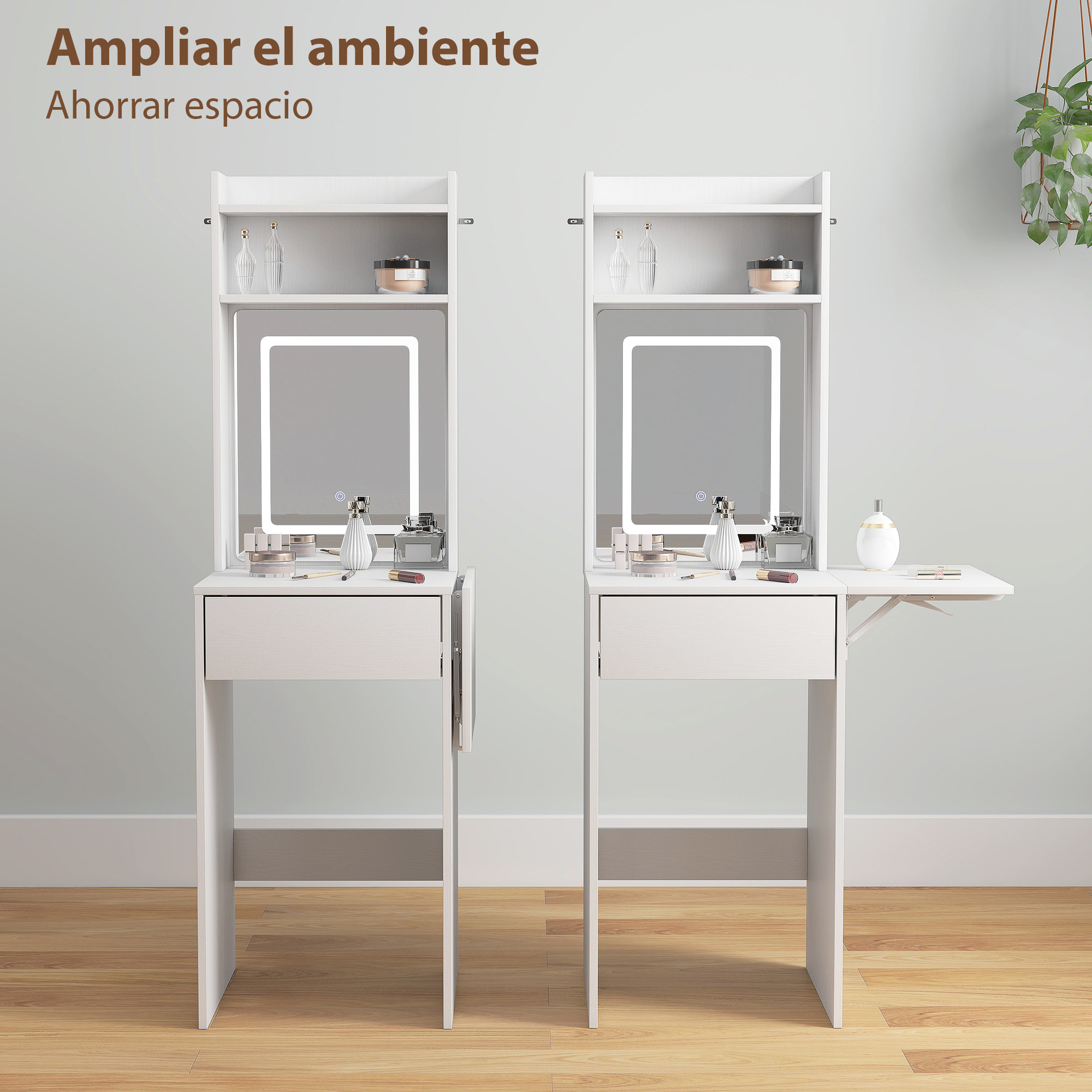 Tocador de Maquillaje con Luces LED de Color Ajustable y Espejo Tocador con Lateral Abatible Cajón Compartimentos Abiertos para Espacios Pequeños Blanco