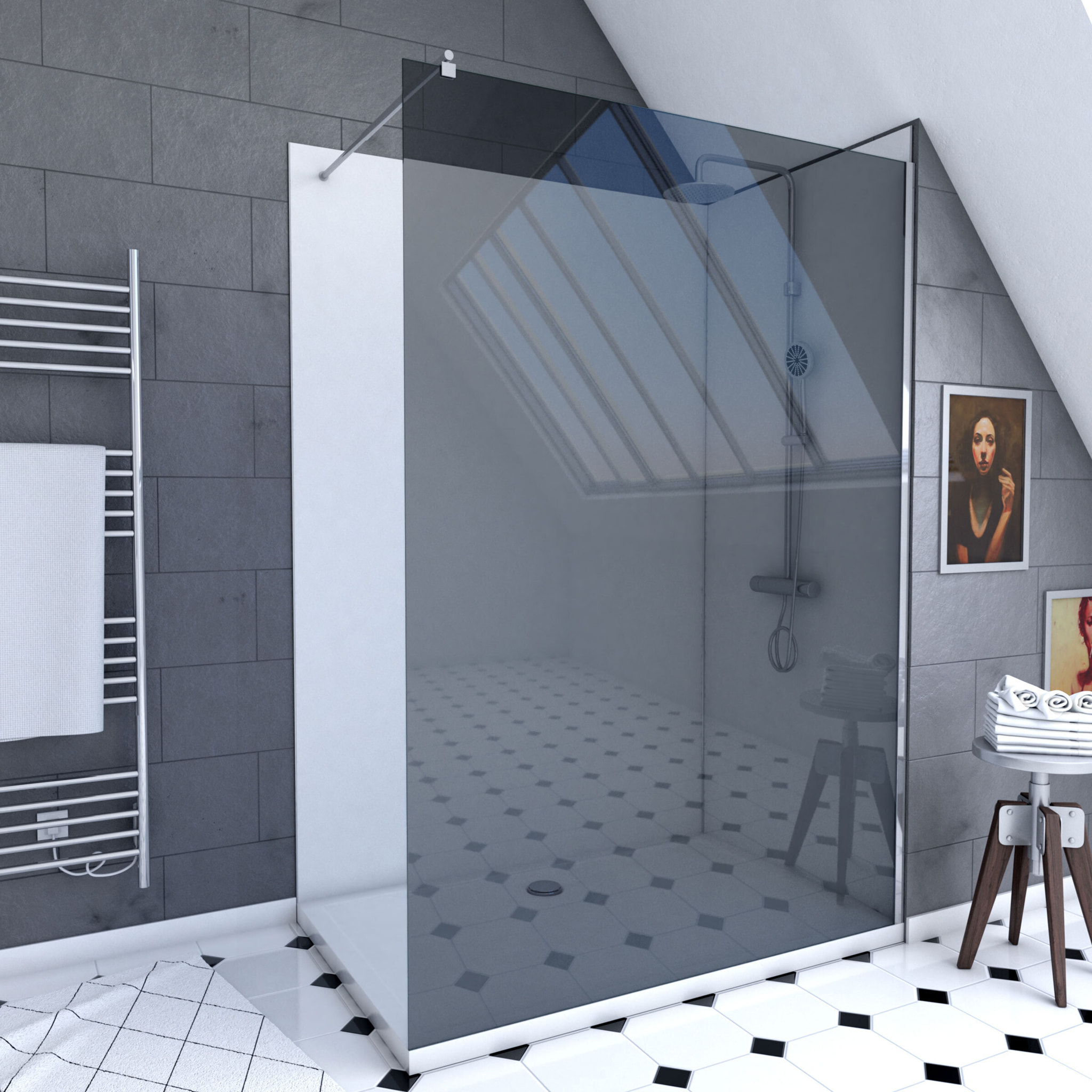Pack douche à l'Italienne 90x120 - Kit Panneaux muraux Blanc/Chrome + receveur + Paroi Fumée 8 mm