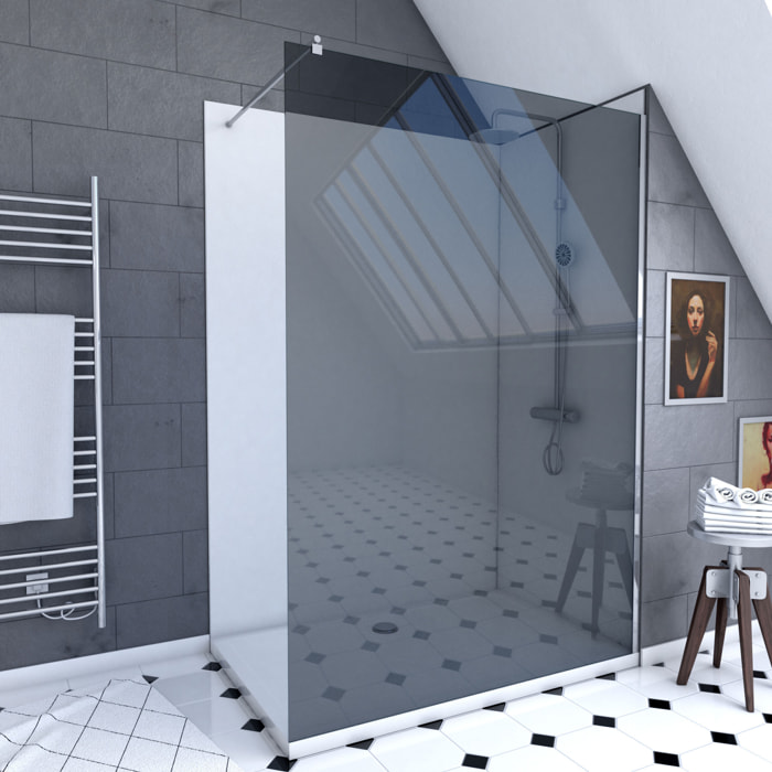 Pack douche à l'Italienne 90x120 - Kit Panneaux muraux Blanc/Chrome + receveur + Paroi Fumée 8 mm