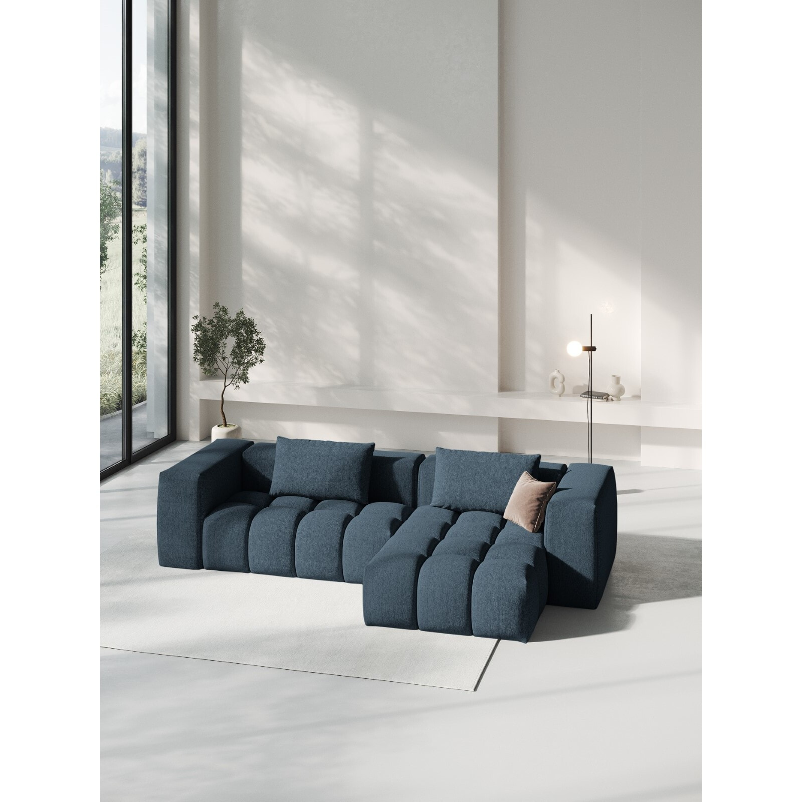 Canapé d'angle droit modulable "Lorella" 3 places en tissu structurel bleu foncé