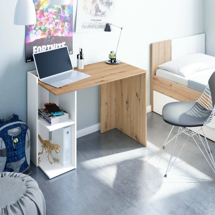 Scrivania Ablibla, Scrittoio multifunzione reversibile multiposizione, Tavolo da studio o ufficio porta PC con scaffale e ripiani, 100x52h78 cm, Bianco e Rovere nodi