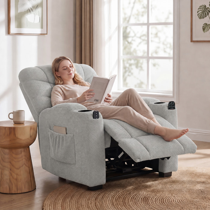 Sillón Relax Reclinable Eléctrico con Calor Lumbar y Masaje Vibración, Sillón Masaje Relax, Motor Silencioso, Función Memoria, Asiento Ancho, Bolsillos, Portavasos, USB, Tela Terciopelo, Gris