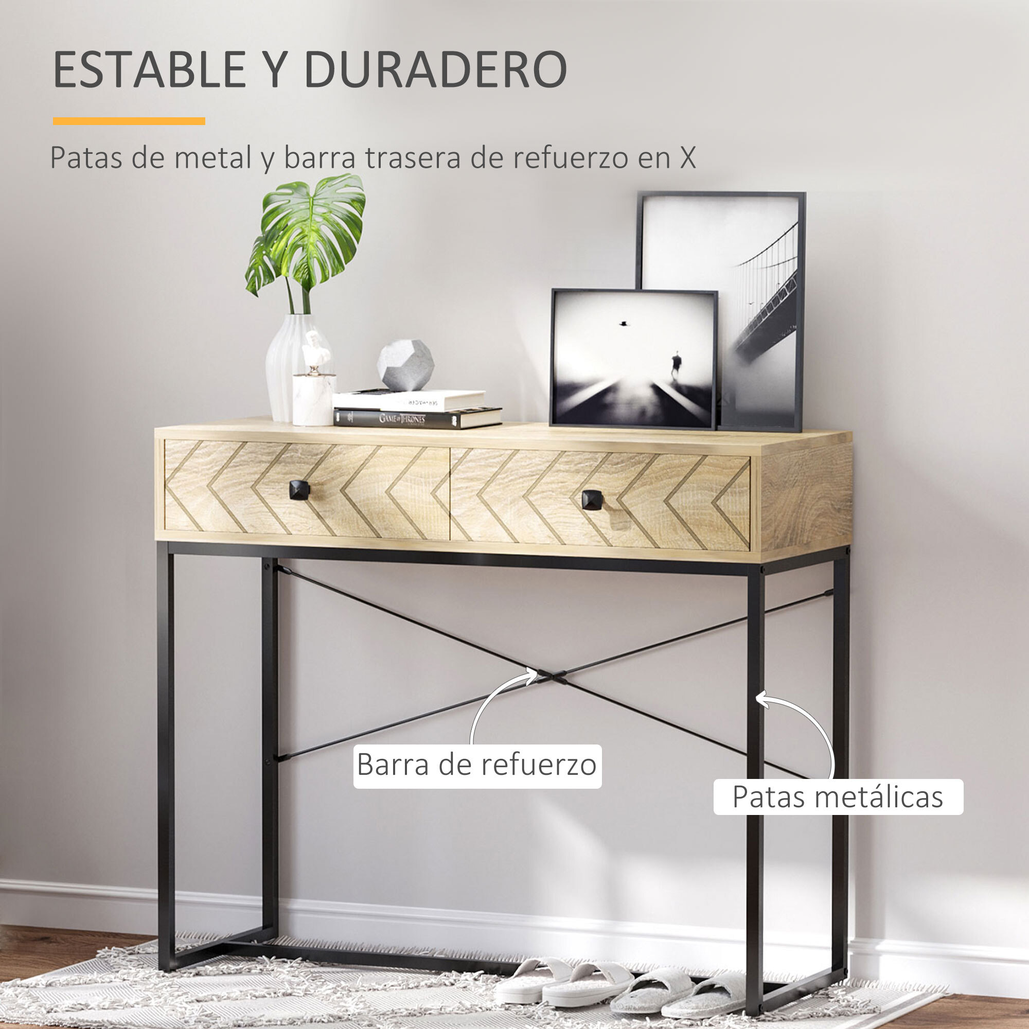 HOMCOM Mesa de Consola 90x35x76 cm Mesa de Entrada con 2 Cajones de Almacenamiento Decorativos y Estructura de Metal para Recibidor Pasillo Salón Color Natural