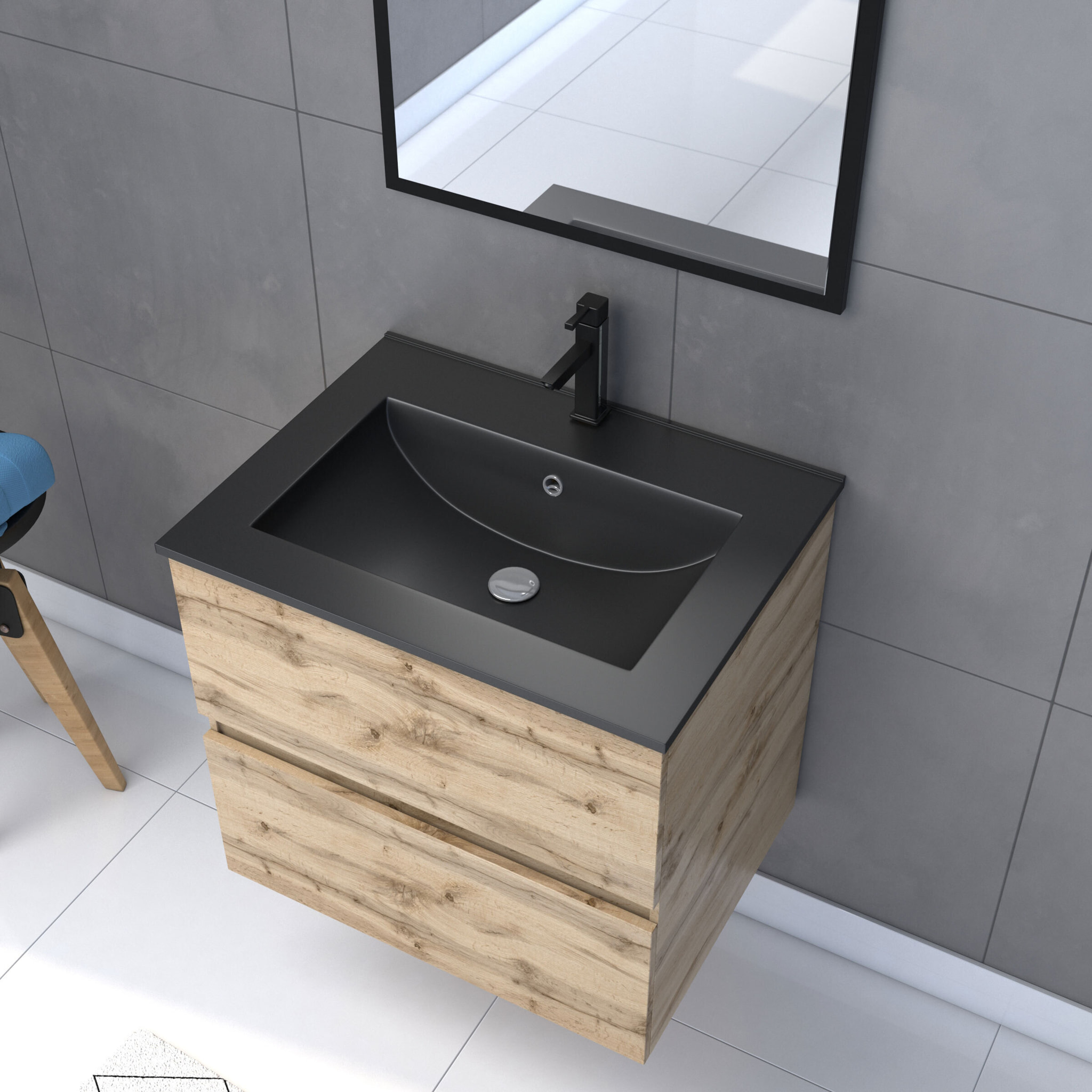 Pack Meuble SDB 60cm suspendu 2 tiroirs Chene_Vasque noire + Miroir - TIMBER 60_Pack07