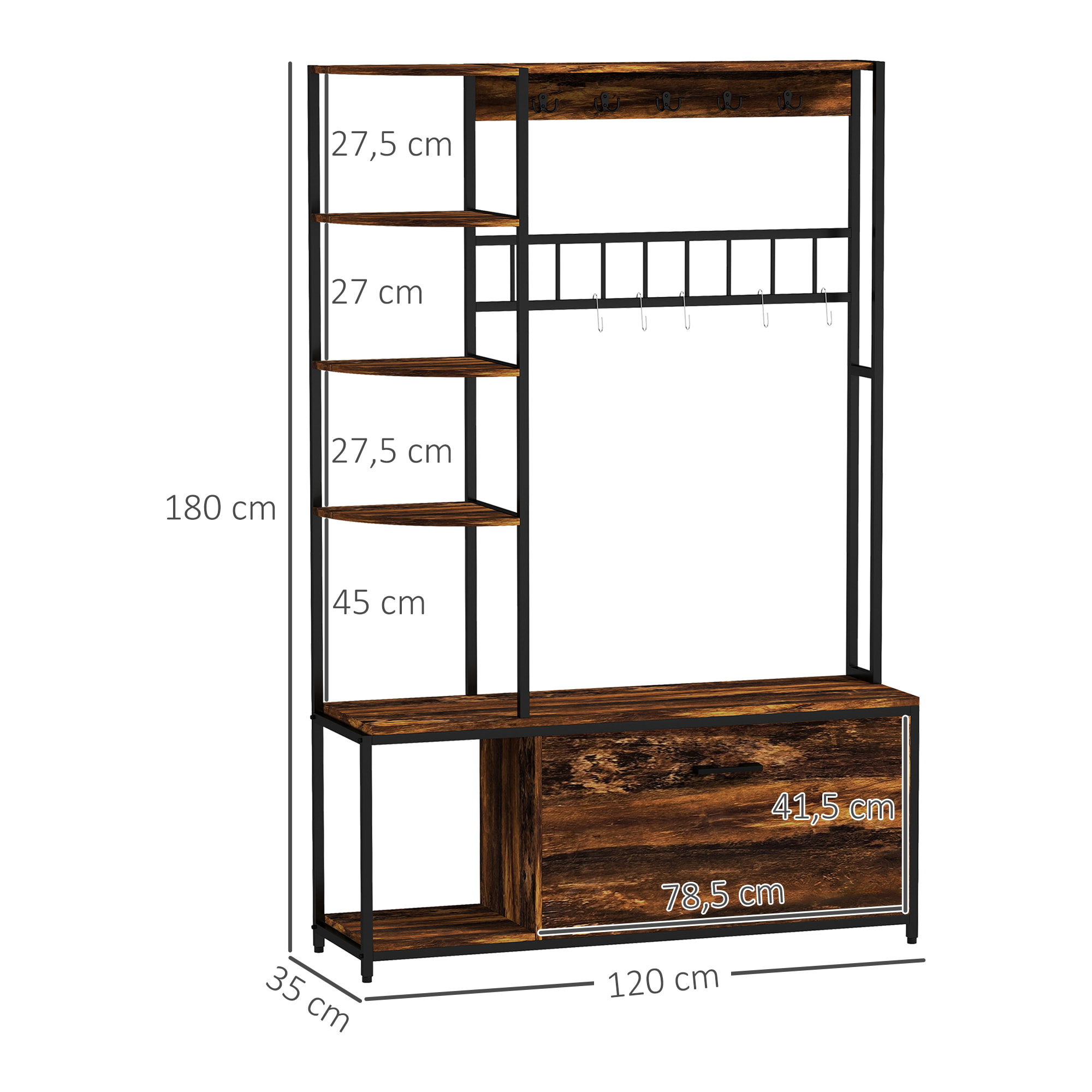 Perchero Zapatero Perchero Entrada Recibidor 4 en 1 con Banco Zapatero de 2 Pisos Estantes Ganchos Compartimento y Sistema Anti-vuelco para Pasillo Dormitorio 120x35x180 cm Marrón Oscuro