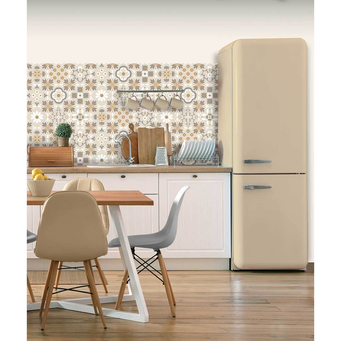 Papier peint carreaux vintage motifs floraux beige et ocre