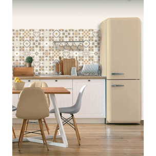 Papier peint carreaux vintage motifs floraux beige et ocre