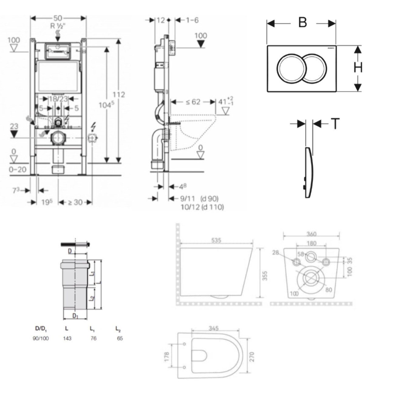 Pack WC bâti-support Duofix 112cm + WC suspendu sans bride + abattant SoftClose + plaque blanche (CETORGEB3AMZ)