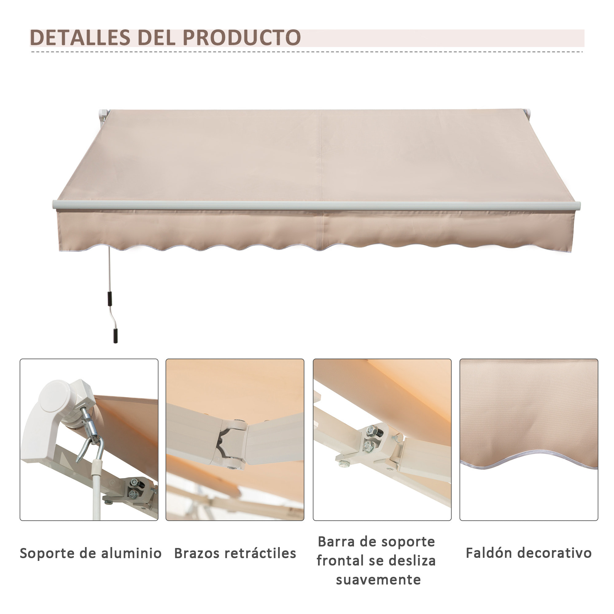 Toldo Manual Retráctil 295x200 cm Toldo para Balcón con Manivela de Metal Impermeable y Anti-UV para Jardín Terraza Beige