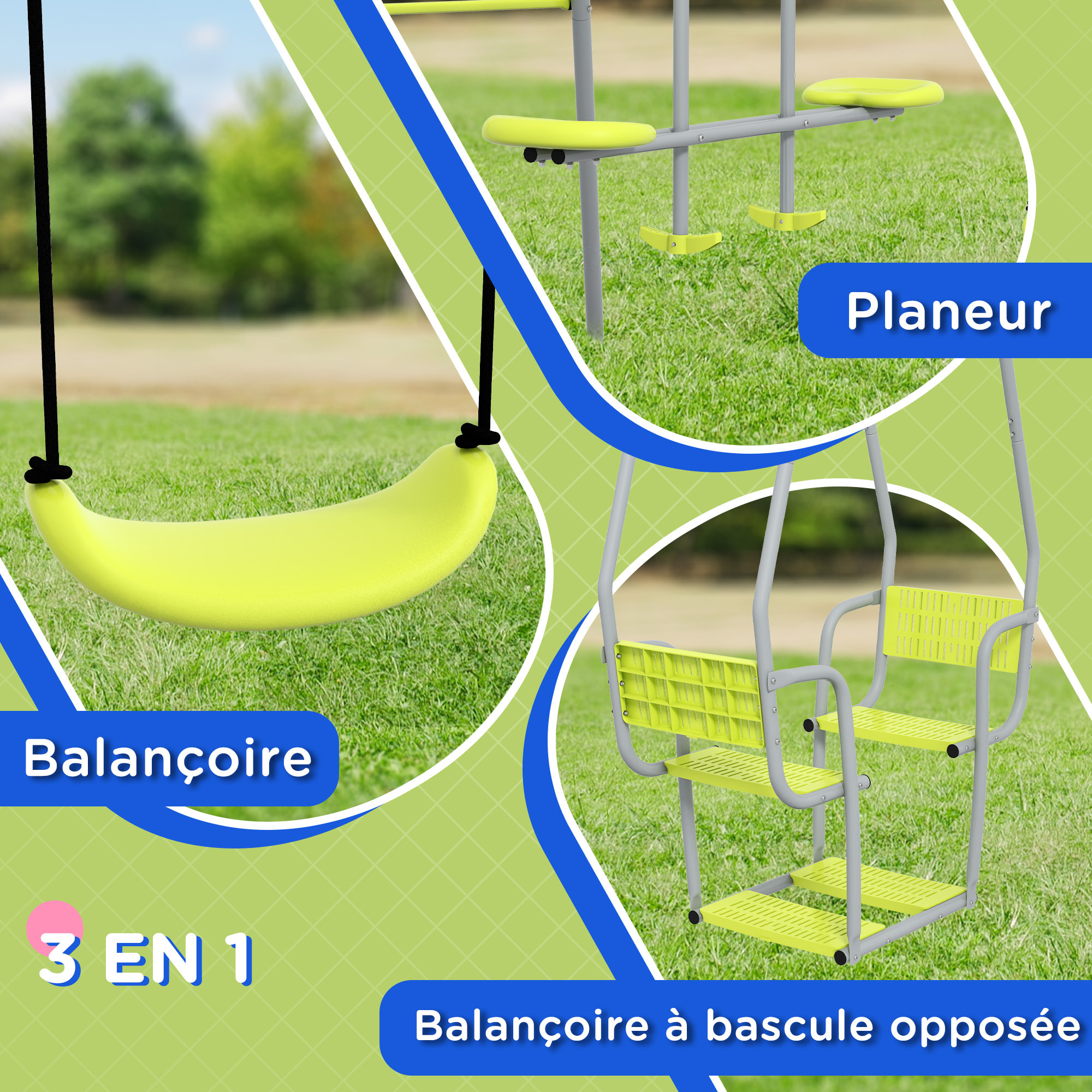 Balançoire 3 agrès portique 2 face à face et balançoire dim. 2,83L x 1,56l x 1,8H m métal époxy PE gris vert