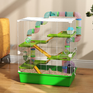 Grande cage à hamsters 5 niveaux - tunnels, abreuvoir, roue, maisonnette, échelles - dim. 59L x 36l x 69H cm - métal PP vert