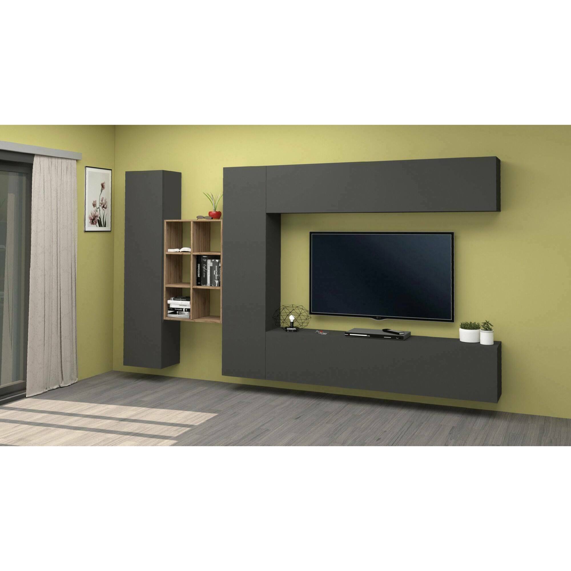 Parete attrezzata Danilo, Set salotto porta TV a 4 ante, Mobile soggiorno multiuso, 100% Made in Italy, cm 280x30h180, Antracite e Acero