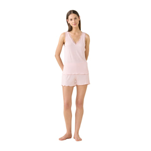 Pigiama donna in costina con top spalla larga con dettagli in pizzo e pantalone corto articolo bloom Noidinotte