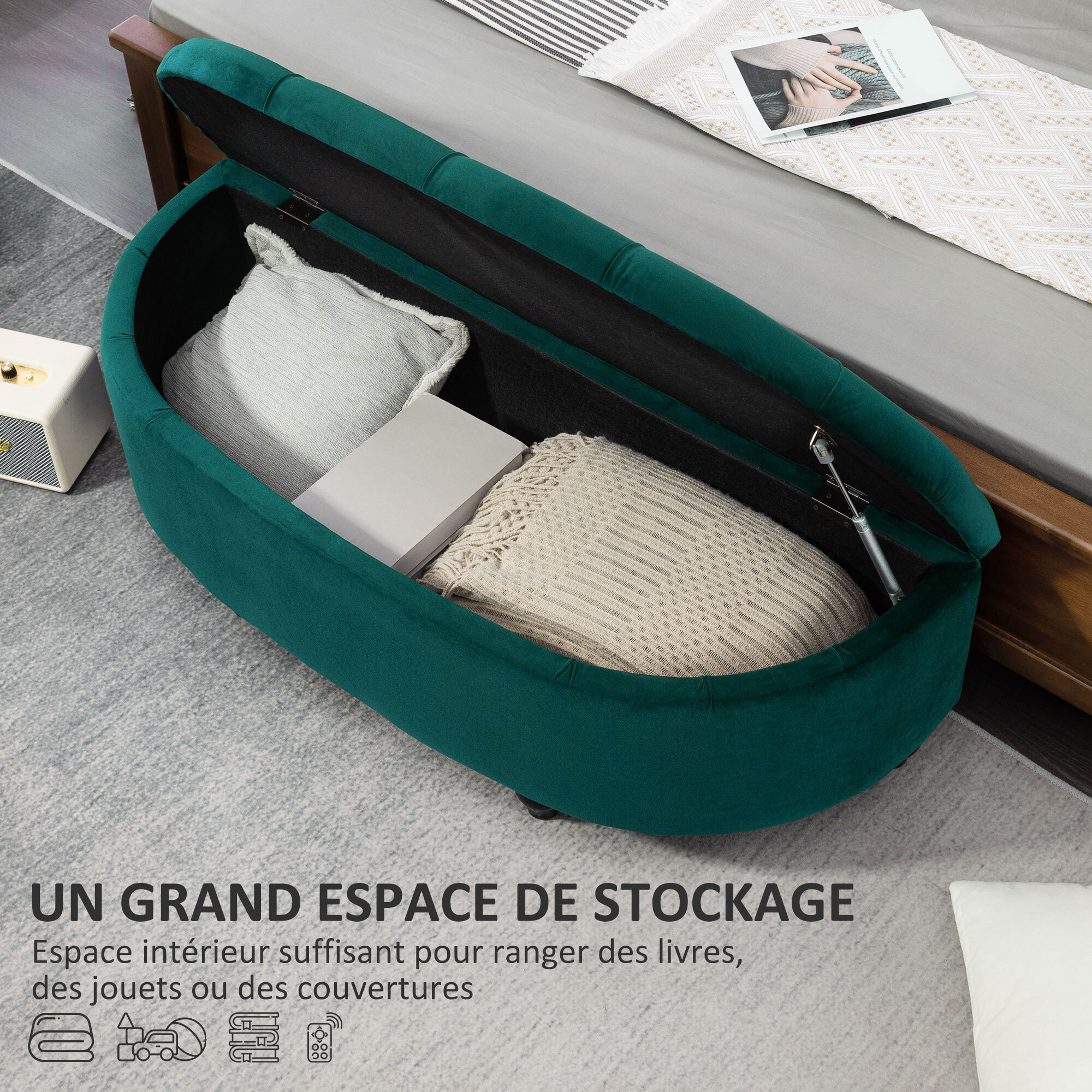 Pouf de rangement coffre 2 en 1 - pouf design classique chic capitonné demi-cercle - pieds bois hévéa noir revêtement velours vert emeraude