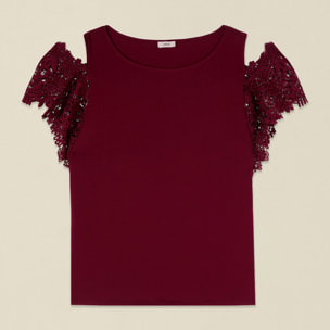 Oltre - T-shirt con maniche in pizzo e cut-out - Bordeaux
