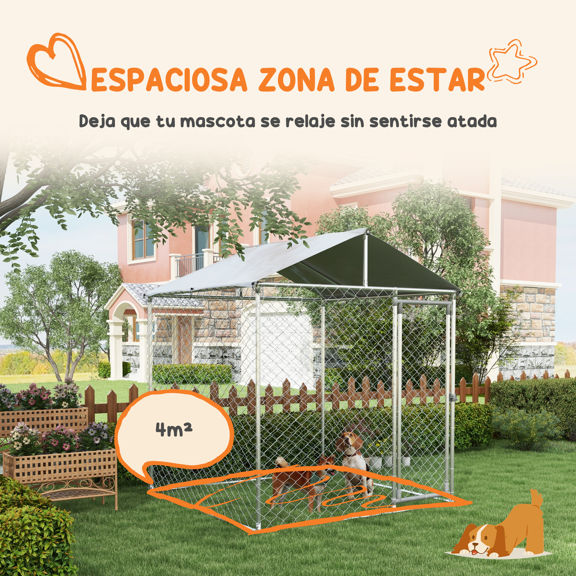 Perrera Jaula de Exterior para Perros Medianos Parque para Perros con Cerradura Marco de Acero Toldo Impermeable y Anti-UV 200x200x237 cm Plata