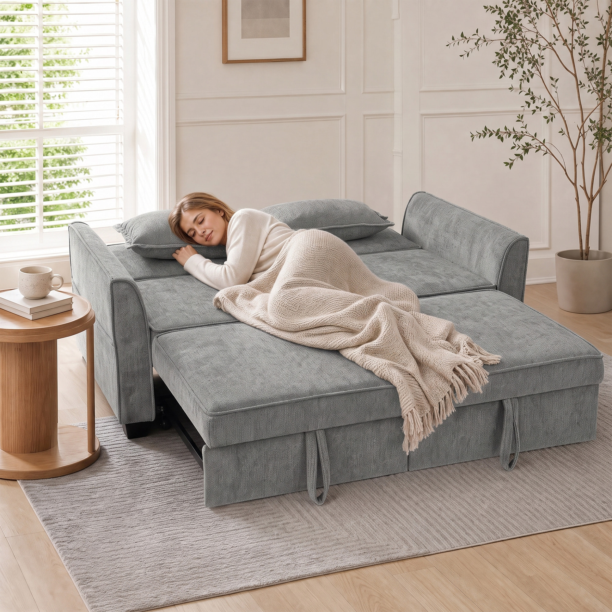 Sofá Cama 2 Plazas 4 en 1, Sofá Cama de Chenilla con 2 Módulos Extraíbles Independientes, Respaldo Ajustable 3 Niveles, 2 Cojines, 6 Bolsillos Laterales, Cama 142x186 cm, para Salón, Gris
