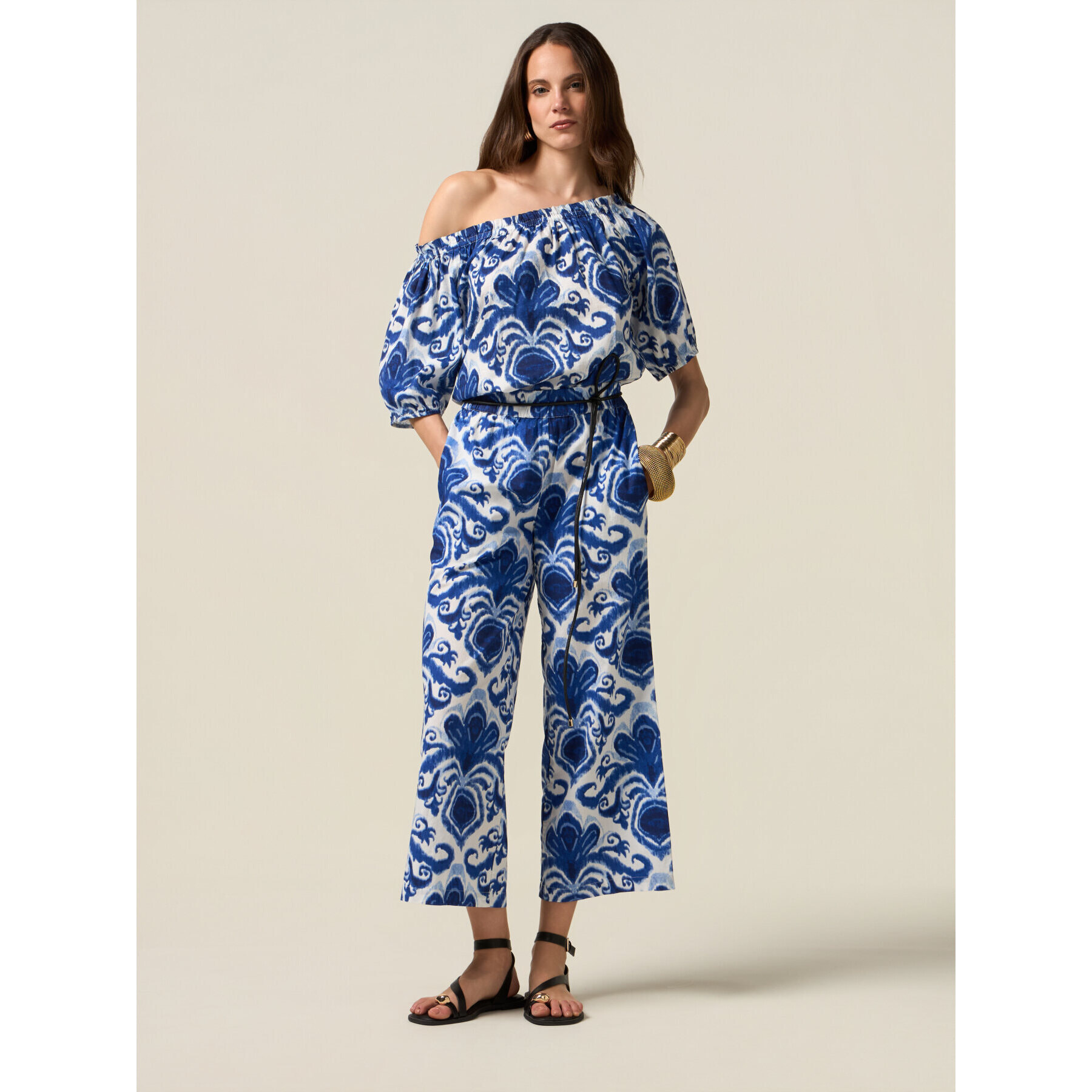 Oltre - Pantaloni palazzo in cotone fantasia - Blu