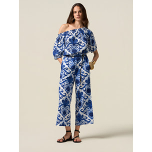 Oltre - Pantaloni palazzo in cotone fantasia - Blu