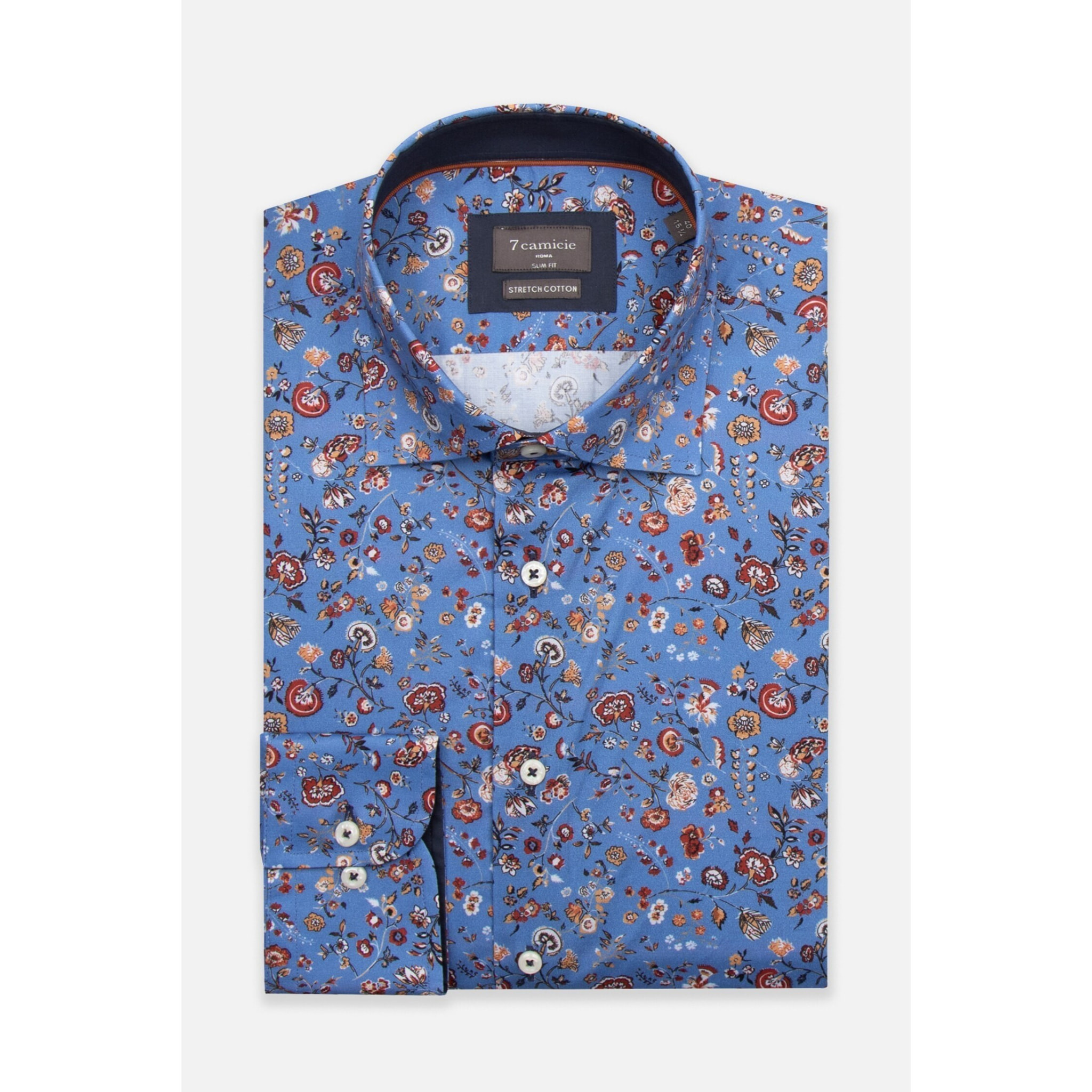 Camicia Uomo 1 Bottone Francese Slim Popeline Stretch Stampato Inchostro Mattone