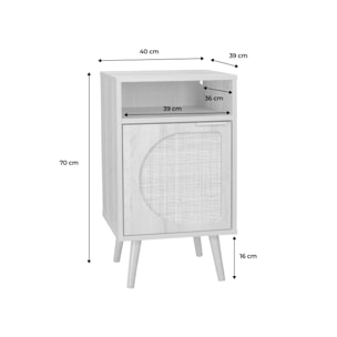 Lot de 2 tables de chevet. Eva. décor bois et cannage arrondi. une porte. un espace de rangement. L40 x l39 x H65.8cm