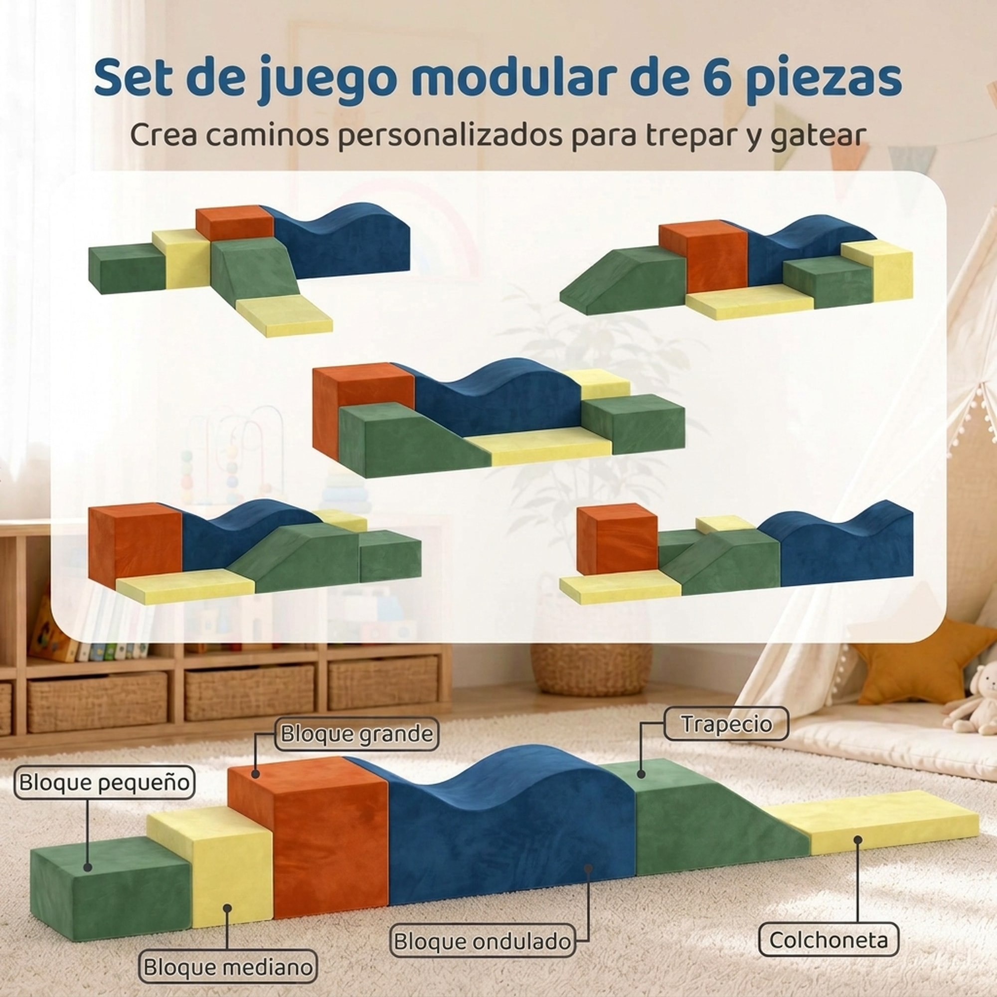 AIYAPLAY Juego de 6 Bloques de Espuma para Niños, Bloques de Psicomotricidad Infantil con Base Antideslizante, Set de Escalada Suave Interior para Escalar y Gatear, +1 Años