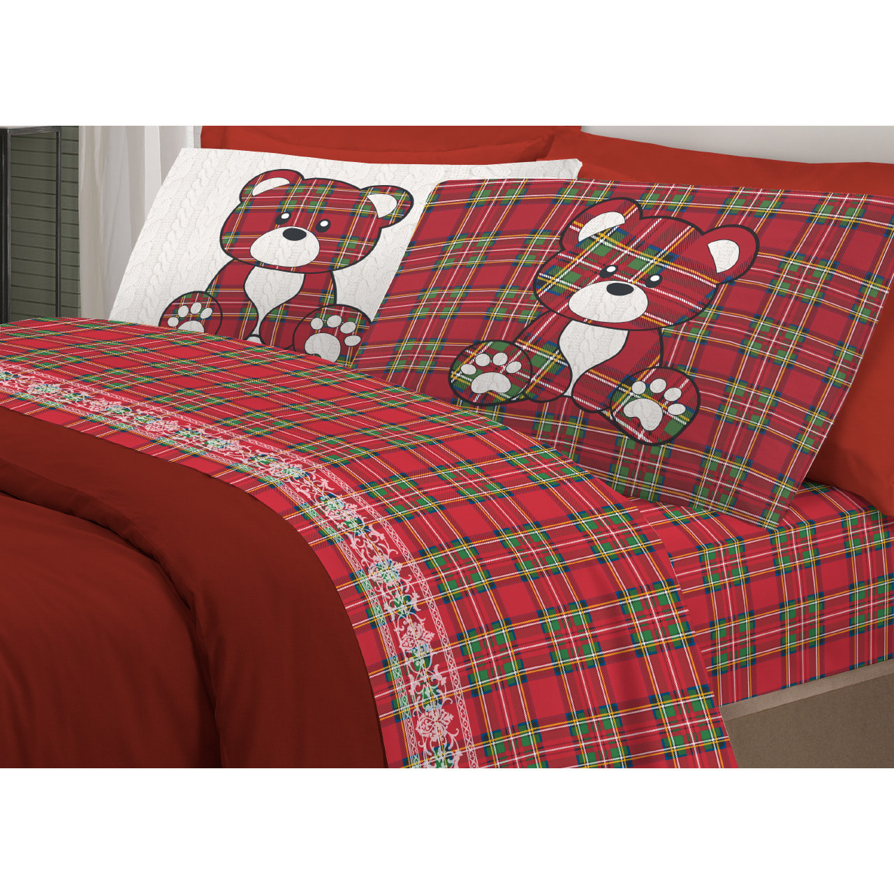 Completo Lenzuola in 100% Cotone Orsetto Tartan Rosso