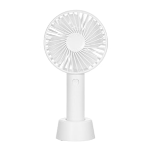 Mini ventilador portátil con batería y soporte de sobremesa.