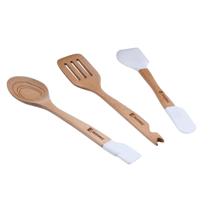 Bergner NATURALLY Juego de 3 Utensilios de cocina (Rasera ranurada + Cucharón + Cuchara ranurada) en silicona y madera