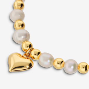 Bracciale di Perle Bianche d'Acqua Dolce con Bead Lucide e Ciondolo Cuore Bombato