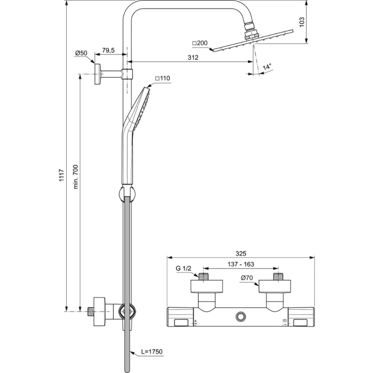 Colonne de douche thermostatique IDEAL STANDARD Ceratherm T100 Evo