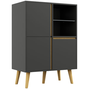 Meuble TV Hi-fi sur pied design scandinave 3 portes 3 étagères 2 niches verre trempé bois gris