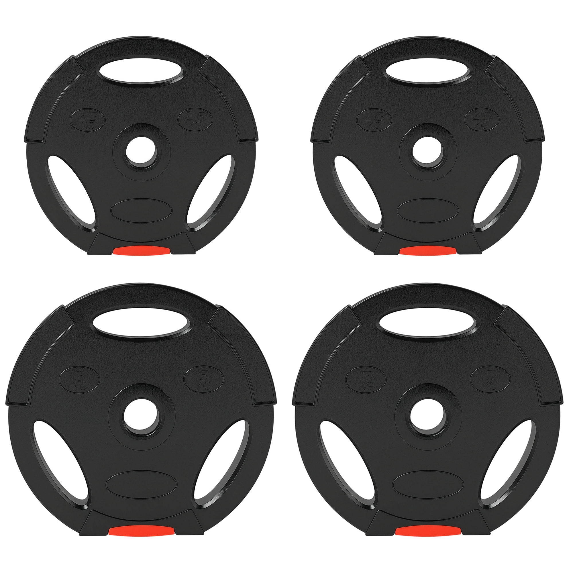 Disques de poids 2 x 5Kg + 2 x 2,5Kg - 3 poignées - trous de Ø25 mm - revêtement PP noir