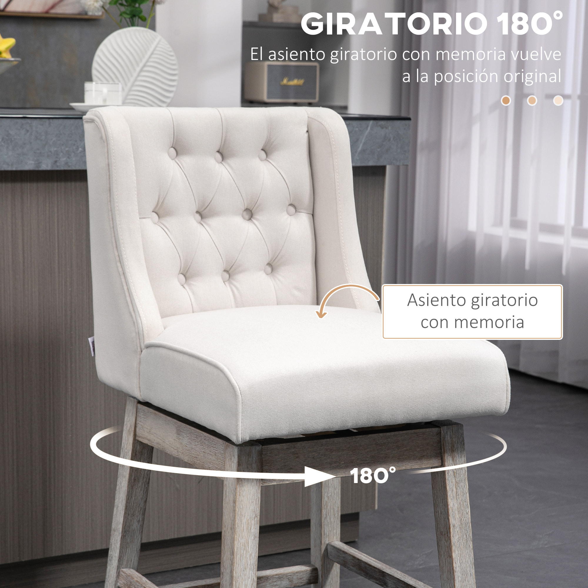 Juego de 2 Taburetes de Bar con Respaldo, Giratorios 180°, Taburetes Altos de Cocina con Reposapiés, Patas de Madera, para Salón, Comedor, Beige