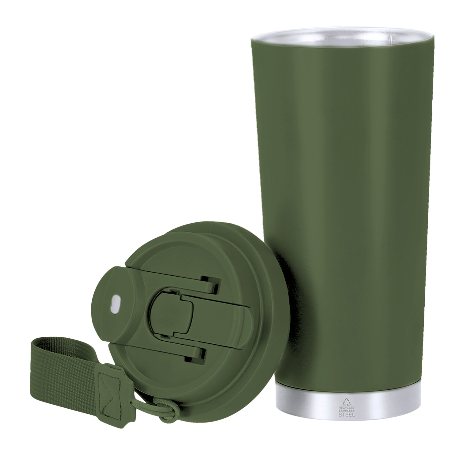 Bicchiere termico con capacità di 500 ml in Acciaio Inossidabile Riciclato. È dotato di un doppio sistema di bevanda: apertura con chiusura ermetica e cannuccia integrata. Senza BPA.