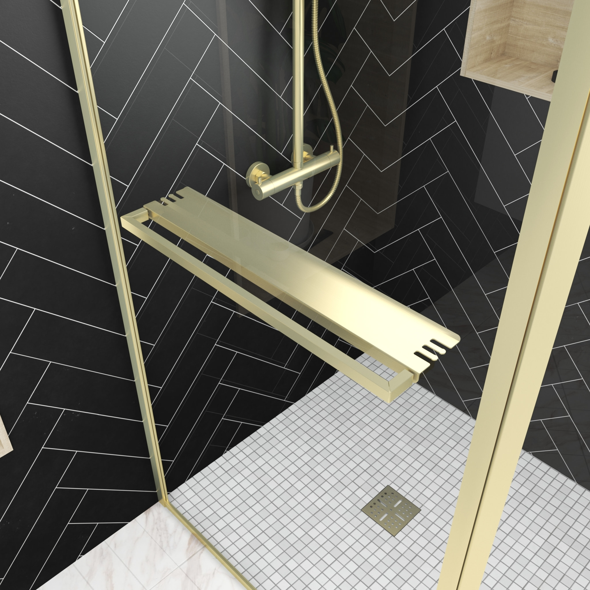 Paroi de Douche avec Volet Pivotant 90+40x200 cm - Porte-serviette + Etagère Finition Or Doré Brossé
