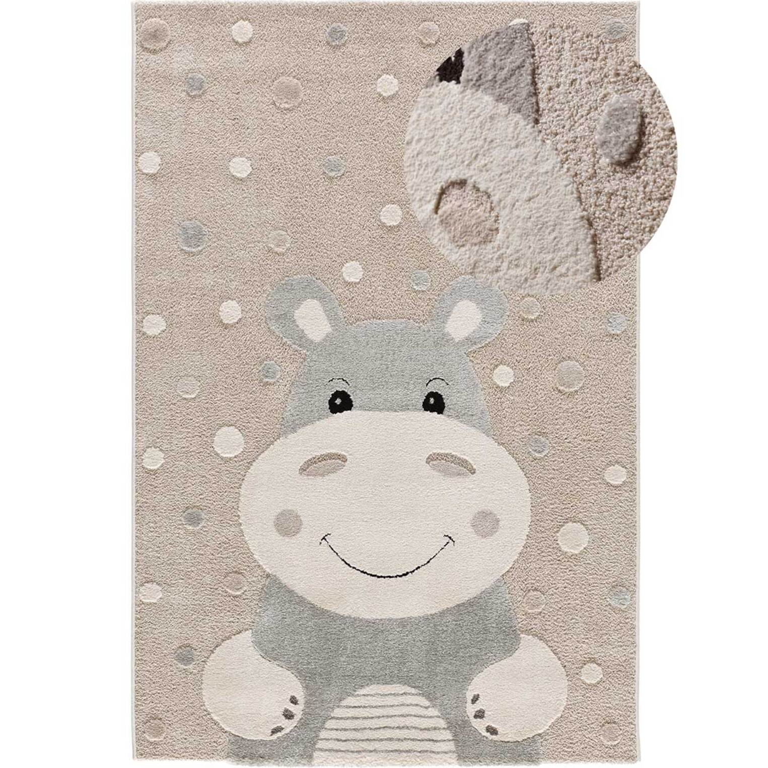 CLOWN Alfombra infantil con hipopótamo en color piedra, 120x170 cm