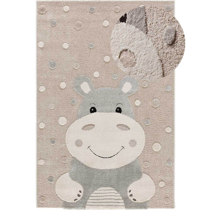 CLOWN Alfombra infantil con hipopótamo en color piedra, 120x170 cm