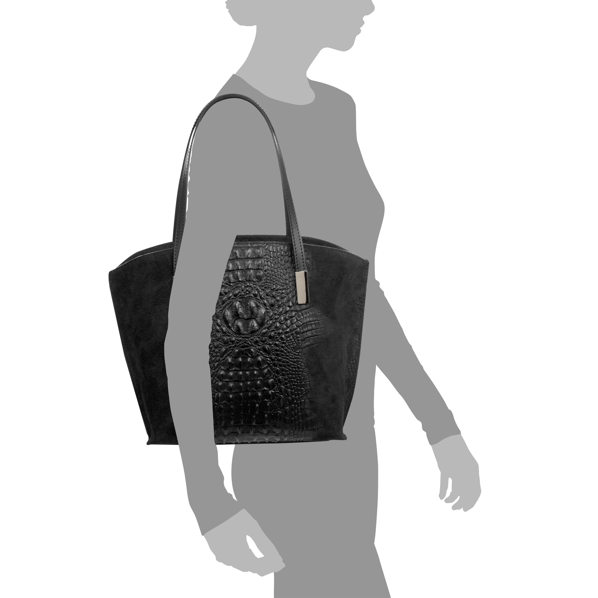 Borsa Ada da donna. Vera pelle scamosciata goffrata coccodrillo.