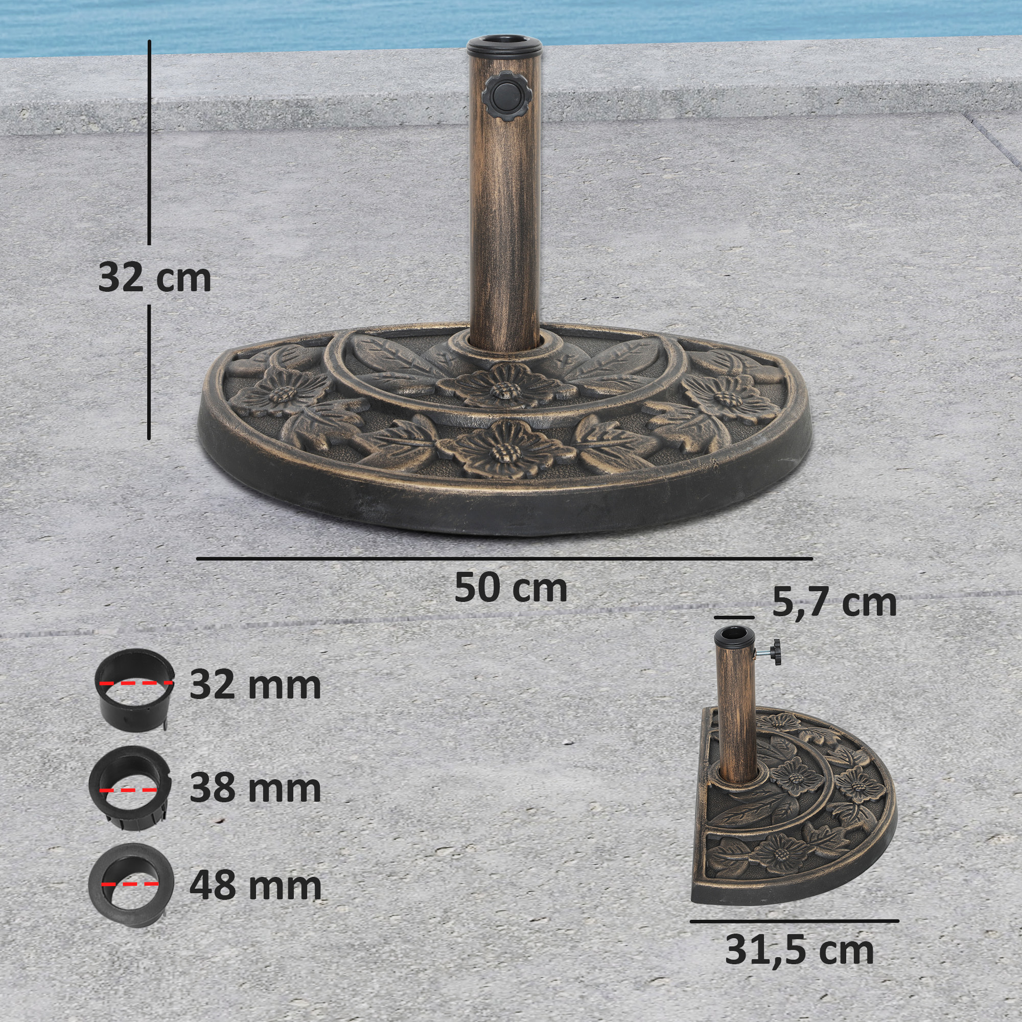 Base para Sombrilla Semicircular Soporte para Parasol Pie para Sombrilla con Relleno de Cemento Peso 9,5 kg para Jardín Terraza Bronce