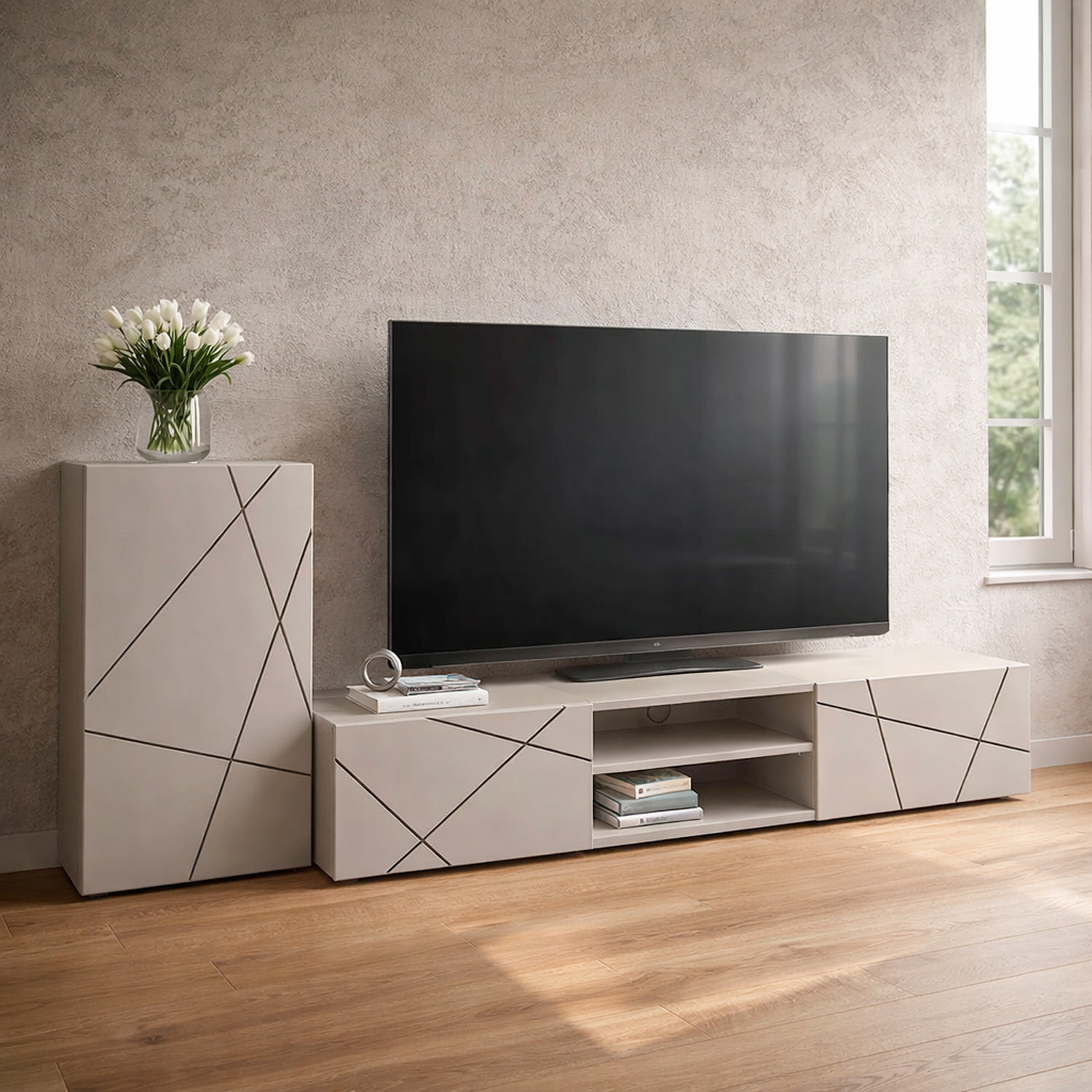 Parete Attrezzata Mobile Porta TV Colonna Ante Push Open Vani Aperti Soggiorno Design Geometrico Moderno 180 x 45 x 180 Cm Cashmere Con Effetto Righe