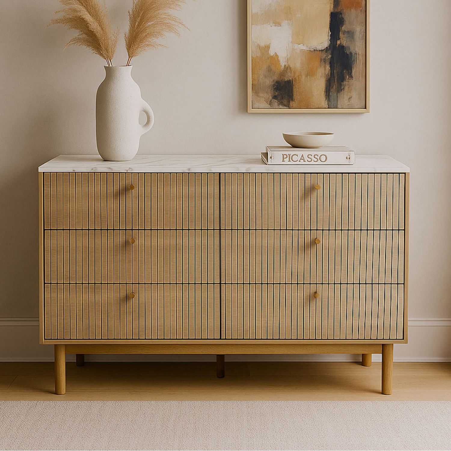 MIRANDELA Buffet 6 tiroirs aspect bois rainuré et marbre 120cm