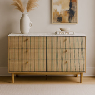 MIRANDELA Buffet 6 tiroirs aspect bois rainuré et marbre 120cm