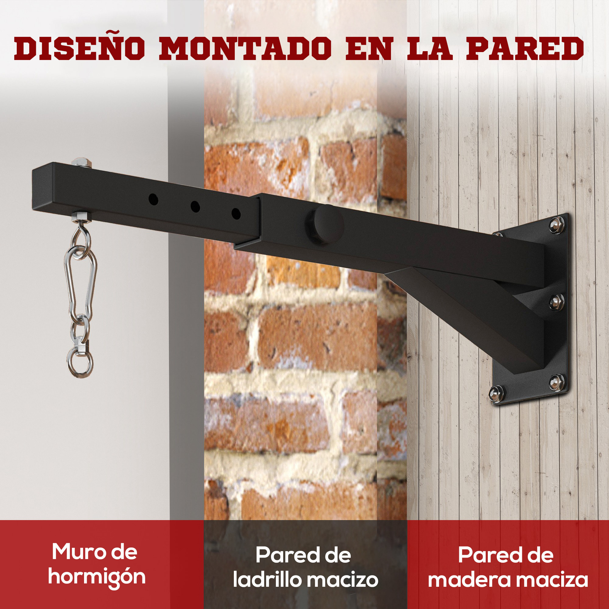 Soporte Saco Boxeo de Pared con Distancia Ajustable de 45-65 cm Gancho Giratorio de 360° y Cadenas para Entrenamiento en Gimnasio y Hogar Carga 60 kg Negro