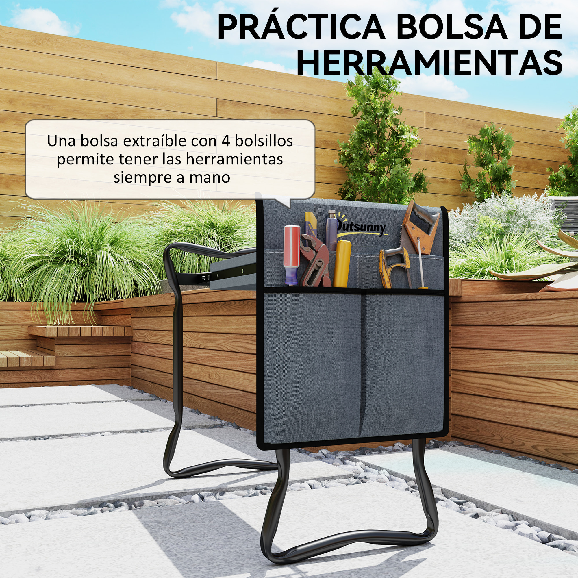 Taburete de Jardín Plegable con Almohadilla de Espuma EVA, Asiento de Jardín 2 en 1 con Bolsa para Herramientas, Portátil, Carga 150kg, Regalo para Jardinería, Jardineros y Ancianos