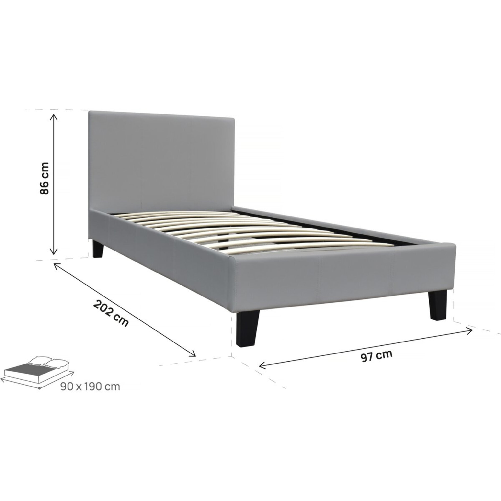 Lit "Lina" - 90 x 190 cm - Gris clair