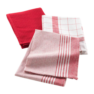 Lot de 3 torchons en coton tissé nid d’abeille - Rouge