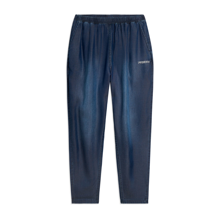 Pantaloni Sportivi Cropped in Chambray con Vita Alta