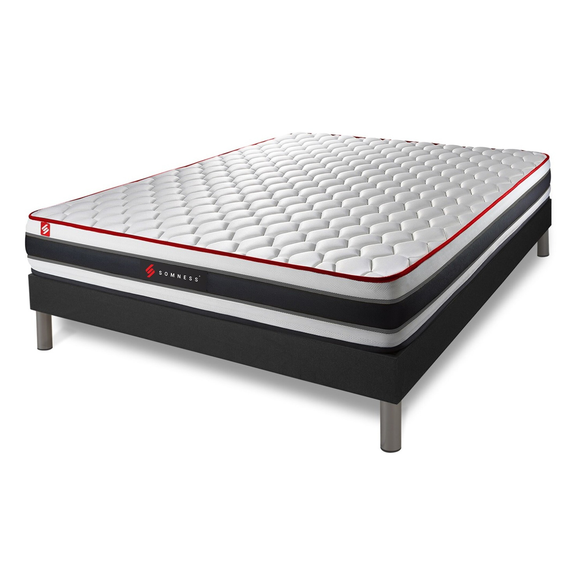 Pack prêt à dormir matelas ENERGY ressorts ensachés et mémoire de forme + sommier kit noir + Couette + 2 oreillers